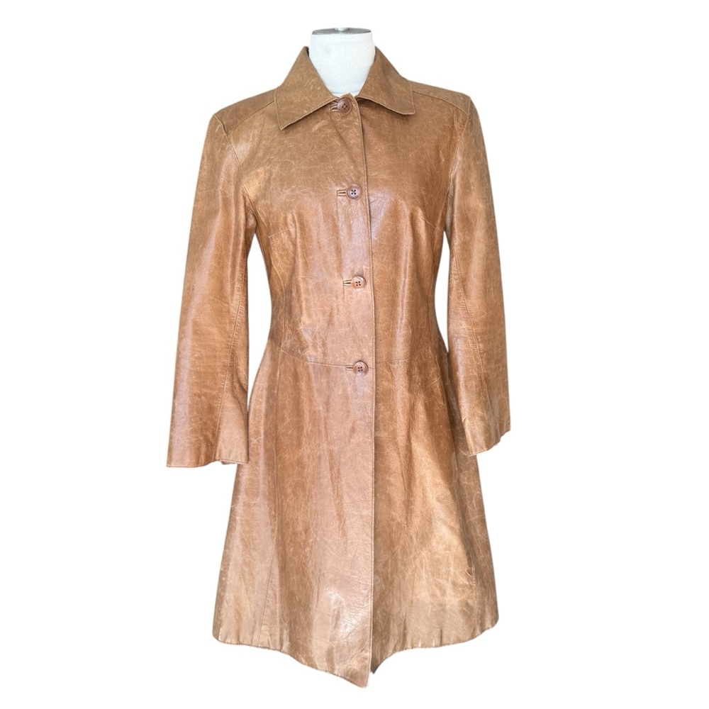 JOHN CARLISLE Essentials Shimmering Brown Trench Coat Distressed Leather